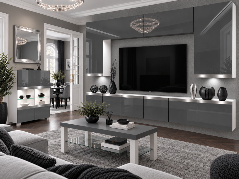 Nappali bútor Prestige 300 cm TV/RTV szürke fényes Gyártó IMP P Monroe 2/5/W/S/0/0/SL