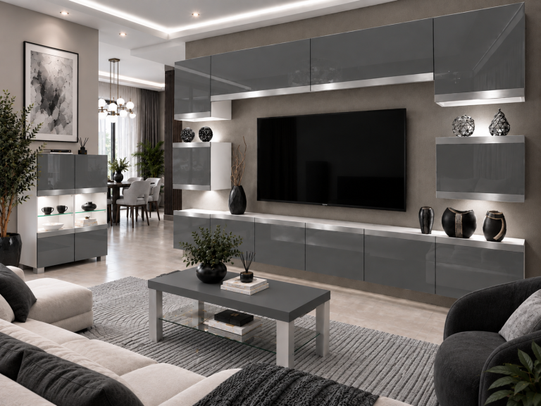 Nappali bútor Prestige 300 cm TV/RTV szürke fényes Gyártó IMP P Tarantino 3/5/W/S/0/0/SL