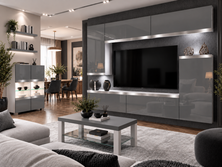 Nappali bútor Prestige 250 cm TV/RTV szürke fényes Gyártó IMP P Woody 8/5/W/S/0/0/SL