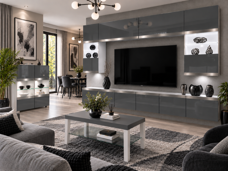 Nappali bútor Prestige 300 cm TV/RTV szürke fényes Gyártó IMP P2 Nolan 1/5/W/S/0/0/SL