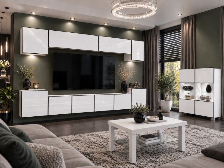 Nappali bútor Linea 300 cm TV/RTV fehér fényes Gyártó IMP L Hepburn 4/5/W/W/0/0