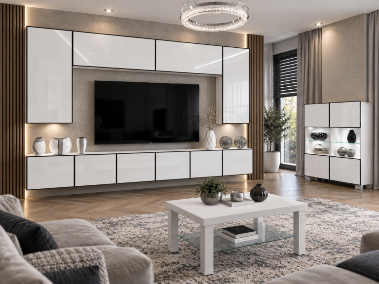 Nappali bútor Linea 300 cm TV/RTV fehér fényes Gyártó IMP L Monroe 2/5/W/W/0/0