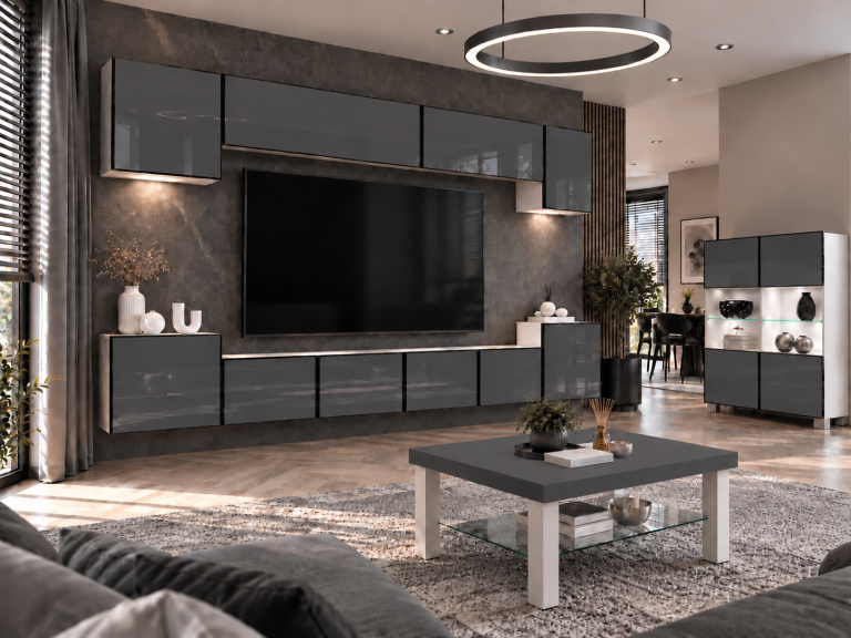 Nappali bútor Linea 300 cm TV/RTV szürke fényes Gyártó IMP L Hepburn 4/5/W/S/0/0