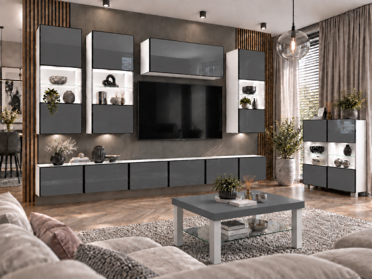 Nappali bútor Linea 300 cm TV/RTV szürke fényes Gyártó IMP L Pacino 5/5/W/S/0/0