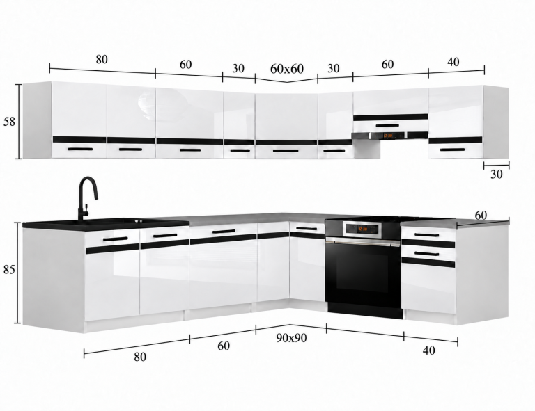Meble kuchenne Prestige 420 cm biały połysk z blatem Producent INF P Gustav/0/WT/W/0/0/CS