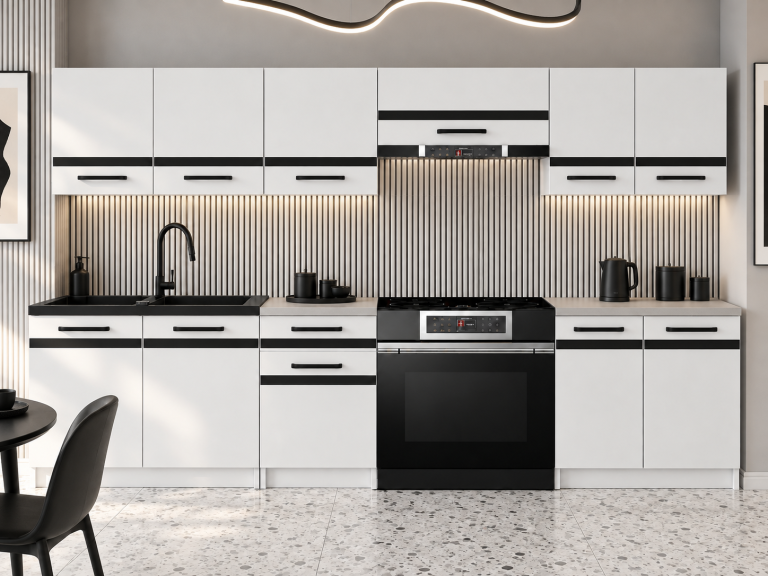 Meble kuchenne Prestige 240 cm biały mat bez blatu Producent TOR P Salvador/0/WT/WT/BB/A1/CM