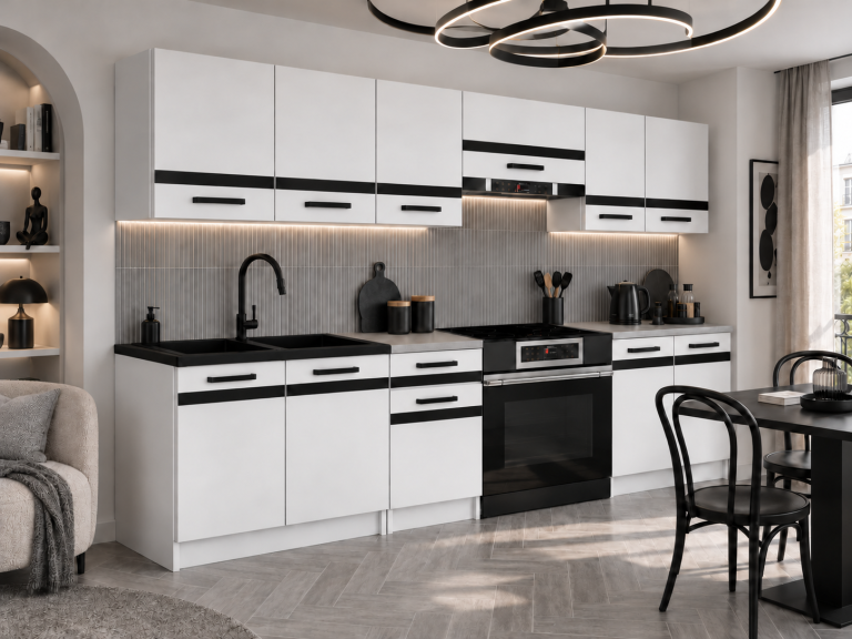 Meble kuchenne Prestige 240 cm biały mat bez blatu Producent TOR P Salvador/0/WT/WT/BB/A1/CM