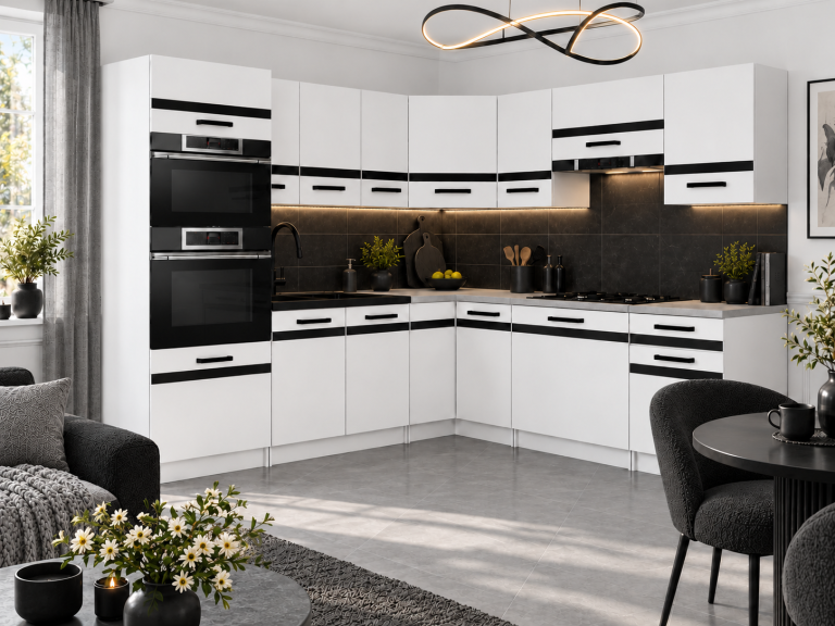 Meble kuchenne Prestige 420 cm biały mat bez blatu Producent TOR P Diego/0/WT/WT/BB/A1/CM