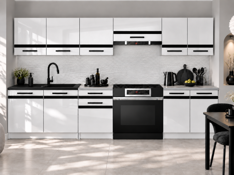 Meble kuchenne Prestige 240 cm biały połysk bez blatu Producent INF P Salvador/0/WT/W/BB/A1/CM