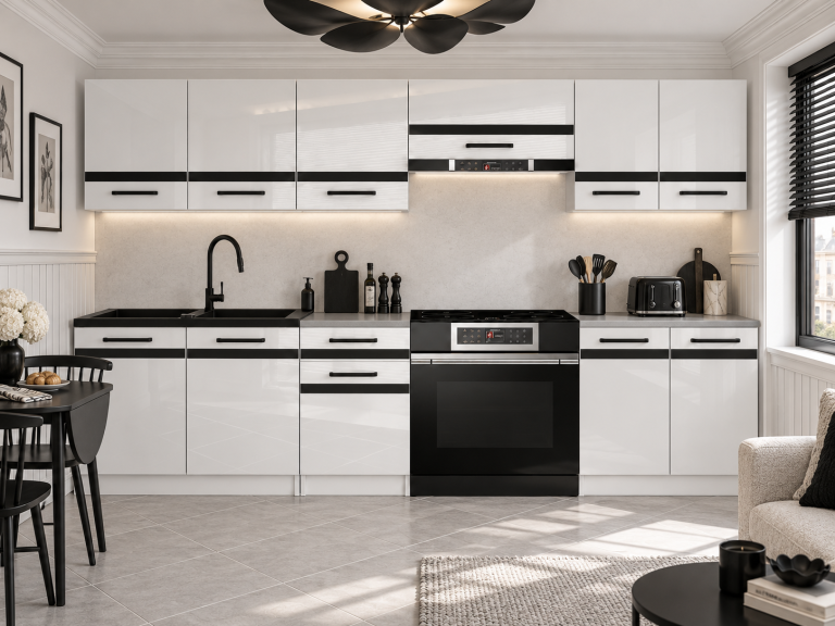 Meble kuchenne Prestige 240 cm biały połysk bez blatu Producent INF P Salvador/0/WT/W/BB/A1/CM