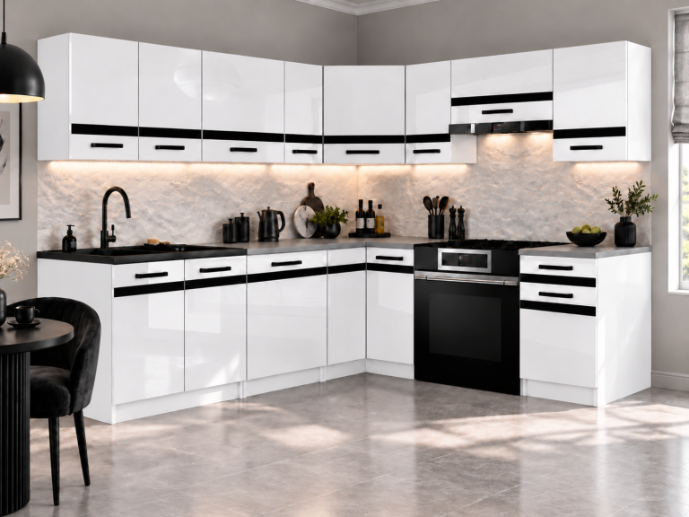 Meble kuchenne Prestige 420 cm biały połysk bez blatu Producent INF P Gustav/0/WT/W/BB/0/CM