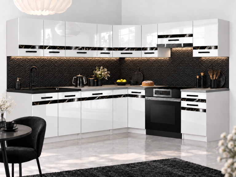 Meble kuchenne Prestige 420 cm biały połysk z blatem Producent INF P Gustav/0/WT/W/0/0/CS