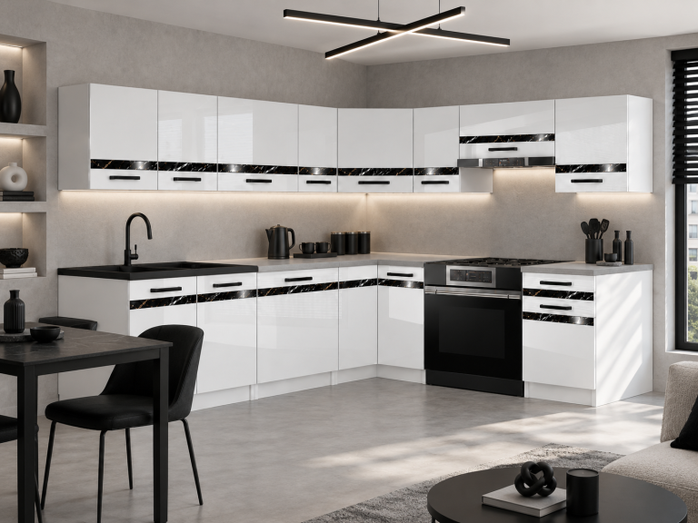 Meble kuchenne Prestige 420 cm biały połysk z blatem Producent INF P Gustav/0/WT/W/0/A1/CS