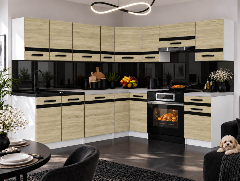 Meble kuchenne Prestige 420 cm dąb sonoma bez blatu Producent TOR P Gustav/0/WT/DS/BB/A1/CM