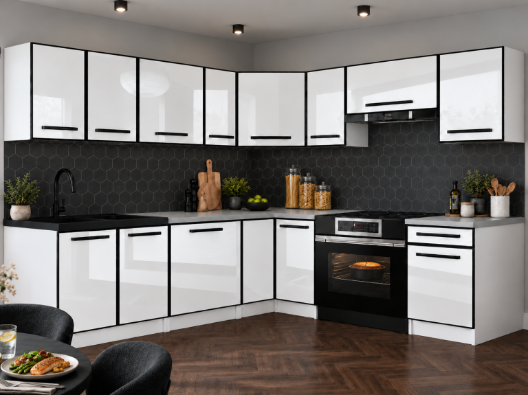 Meble kuchenne Linea 420 cm biały połysk z blatem Producent INF L Gustav/0/WT/W/0/0