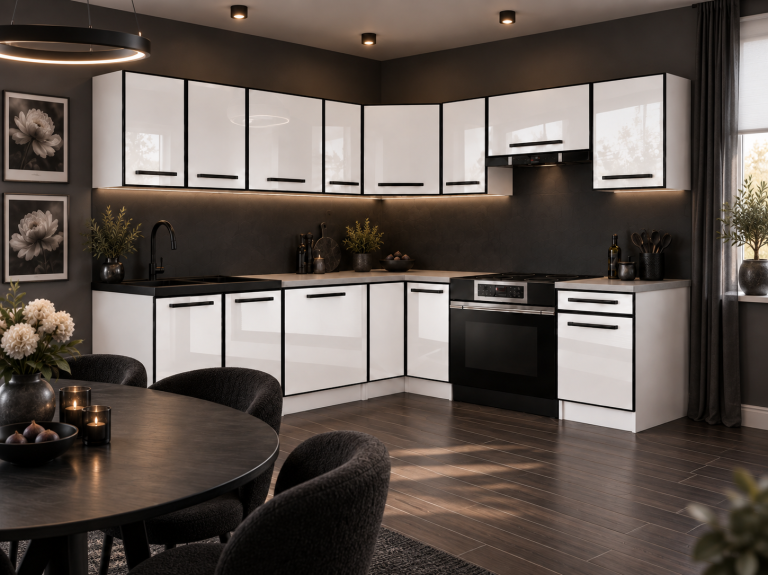 Meble kuchenne Linea 420 cm biały połysk bez blatu Producent INF L Gustav/0/WT/W/BB/A1