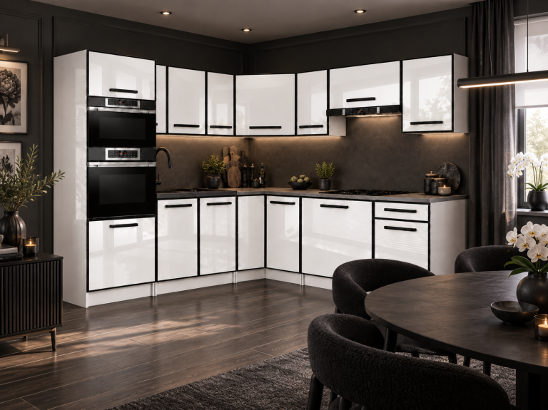 Meble kuchenne Linea 420 cm biały połysk bez blatu Producent INF L Diego/0/WT/W/BB/A1