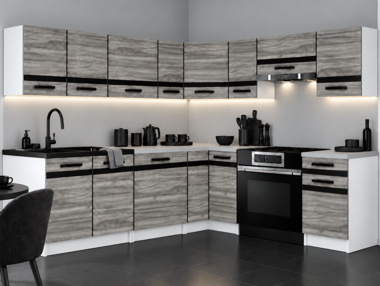 Meble kuchenne Prestige 420 cm gamour wood bez blatu Producent TOR P Gustav/0/WT/GW1/BB/A1/CM