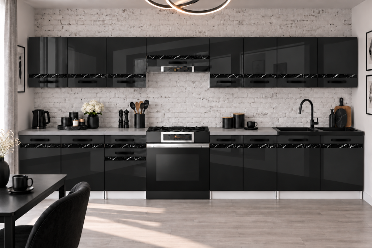 Meble kuchenne Prestige 320 cm czarny połysk bez blatu Producent INF P Vincent/0/WT/B/BB/A1/CS