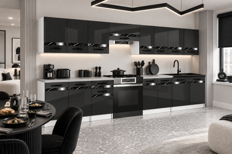 Meble kuchenne Prestige 320 cm czarny połysk bez blatu Producent INF P Vincent/0/WT/B/BB/A1/CS
