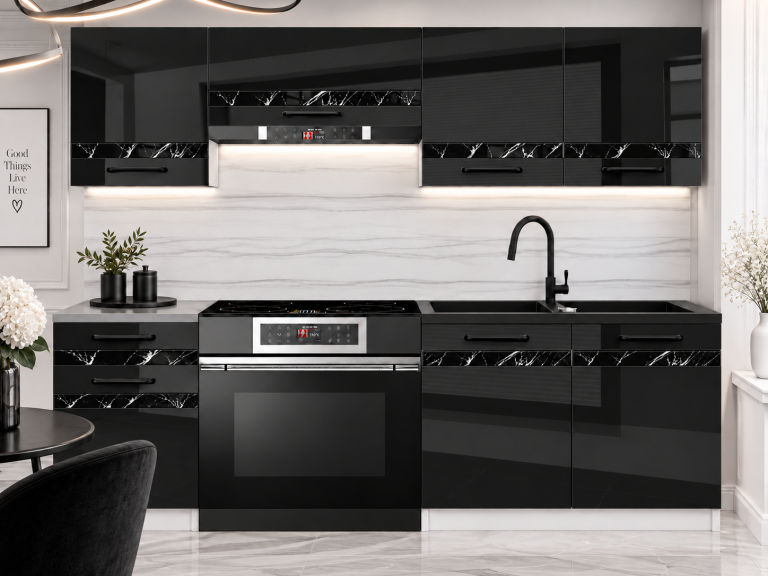 Meble kuchenne Prestige 180 cm czarny połysk z blatem Producent INF P Leonardo/0/WT/B/0/A1/CS
