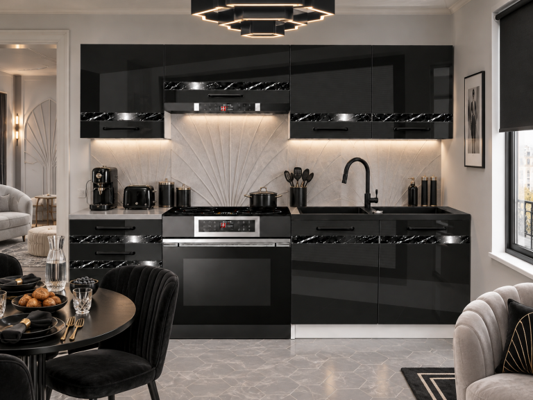 Meble kuchenne Prestige 180 cm czarny połysk z blatem Producent INF P Leonardo/0/WT/B/0/A1/CS