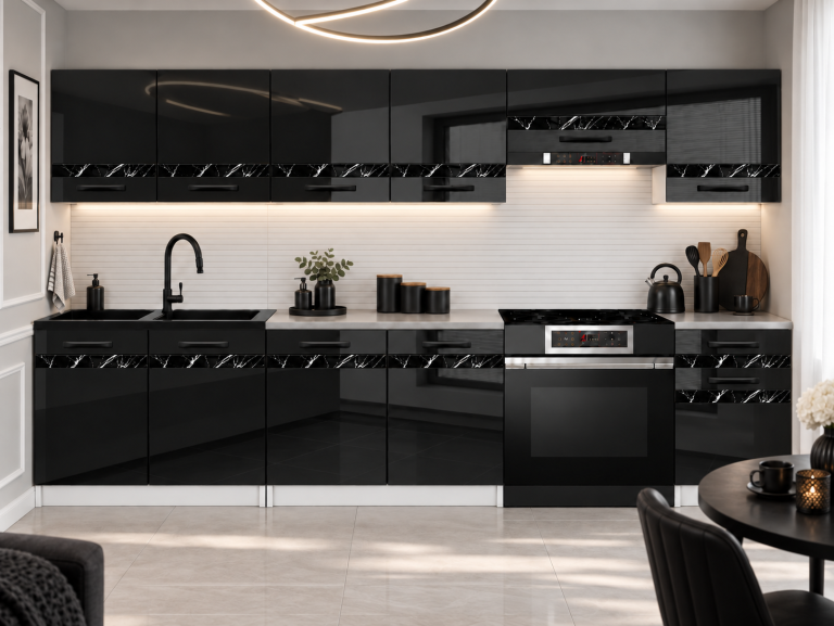 Meble kuchenne Prestige 260 cm czarny połysk z blatem Producent INF P Frida/0/WT/B/0/A1/CS
