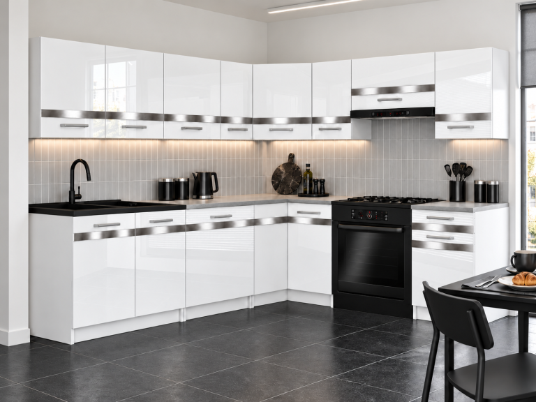 Meble kuchenne Prestige 420 cm biały połysk bez blatu Producent INF P Gustav/0/WT/W/BB/C1/SL