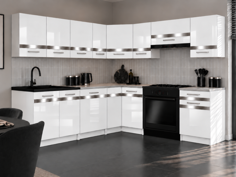 Meble kuchenne Prestige 420 cm biały połysk bez blatu Producent INF P Gustav/0/WT/W/BB/C1/SL