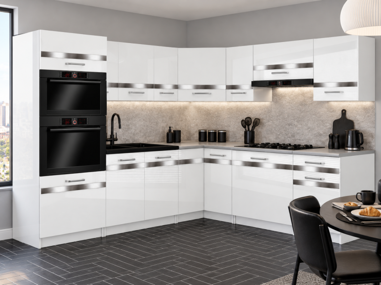 Meble kuchenne Prestige 420 cm biały połysk bez blatu Producent INF P Diego/0/WT/W/BB/0/SL