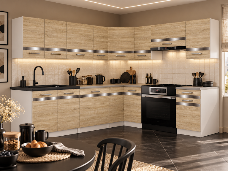 Meble kuchenne Prestige 420 cm dąb sonoma bez blatu Producent TOR P Gustav/0/WT/DS/BB/C1/SL