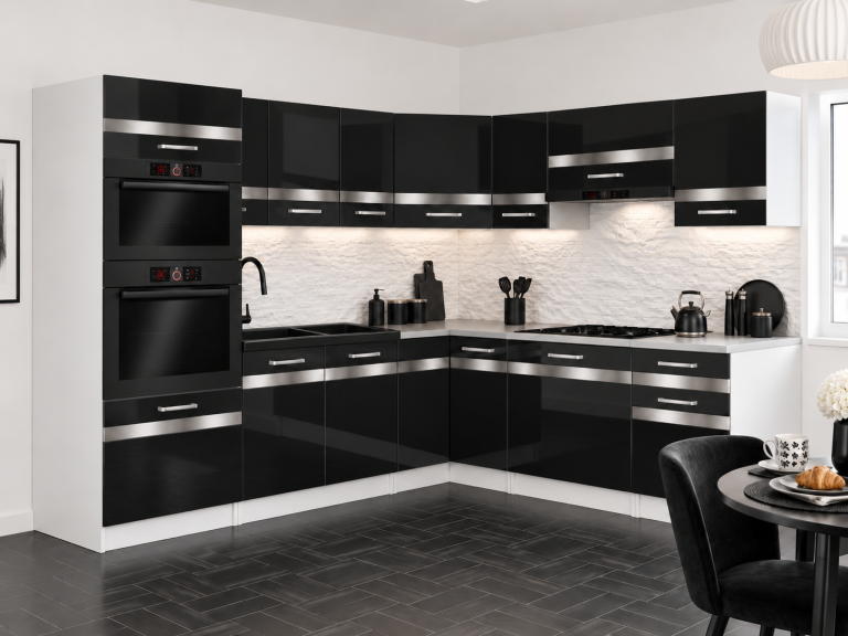 Meble kuchenne Prestige 420 cm czarny połysk bez blatu Producent INF P Diego/0/WT/B/BB/C1/SL