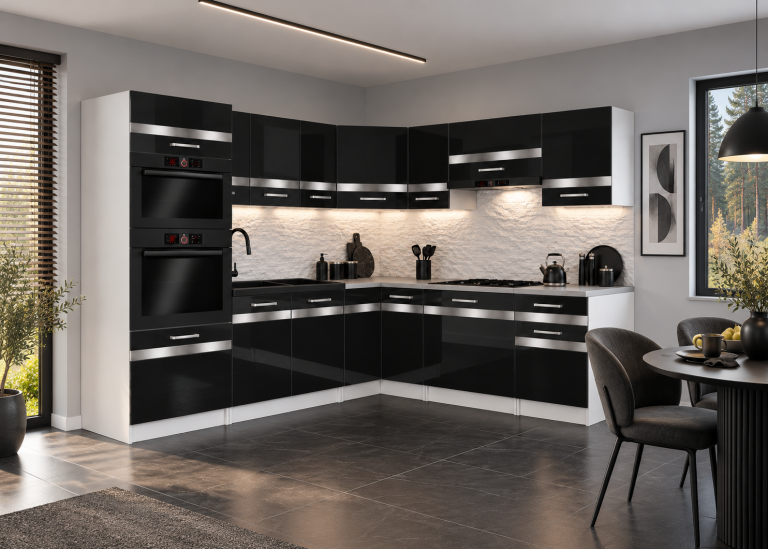 Meble kuchenne Prestige 420 cm czarny połysk bez blatu Producent INF P Diego/0/WT/B/BB/C1/SL
