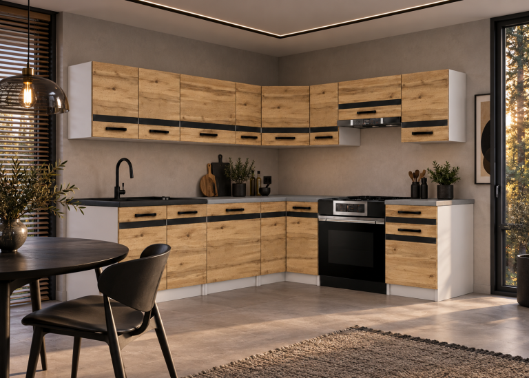 Meble kuchenne Prestige 420 cm dąb wotan bez blatu Producent TOR P Gustav/0/WT/DW/BB/A1/CM